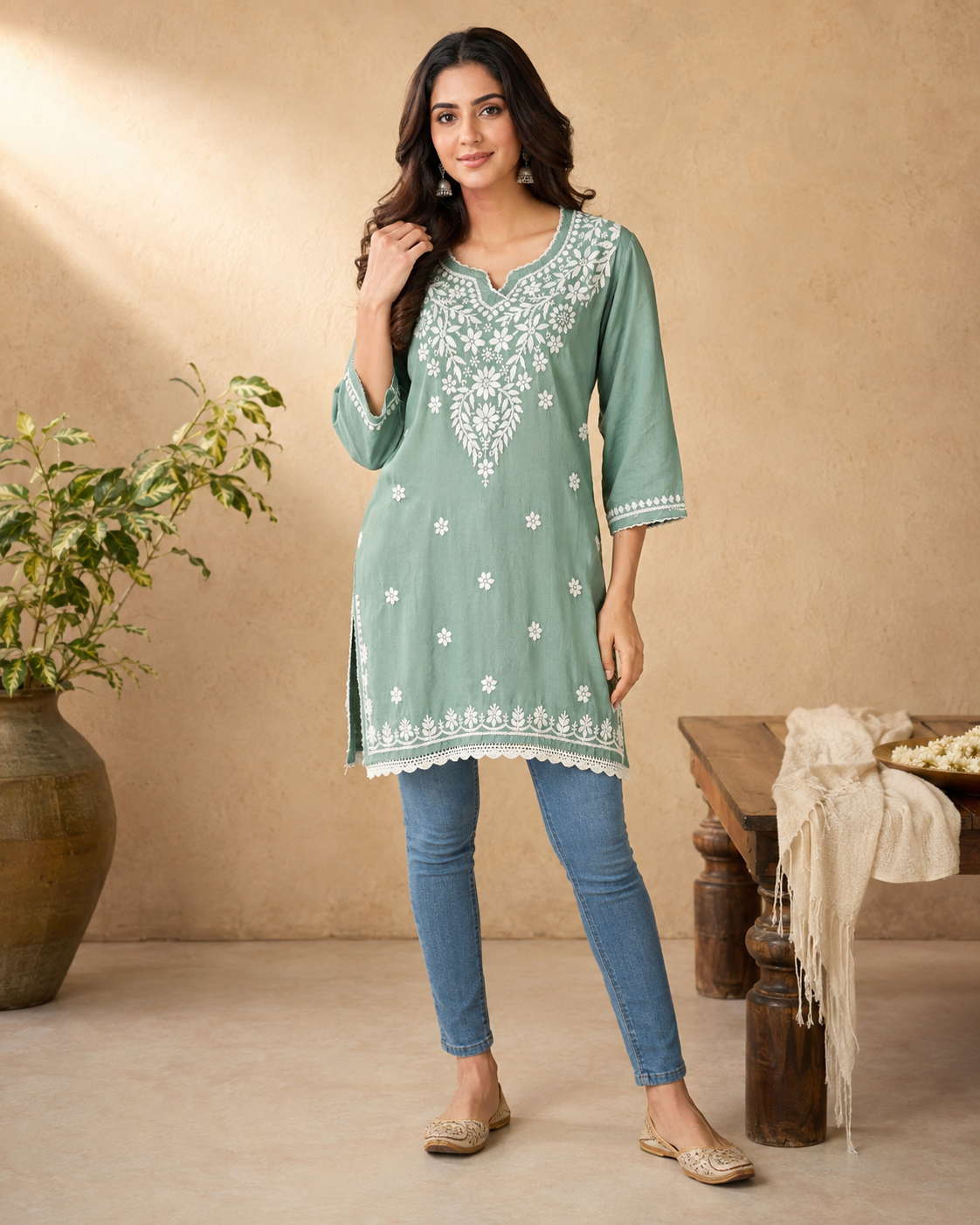 Premium Sage Green Modal Chikankari Short Kurti | Lucknow Best Chikankari