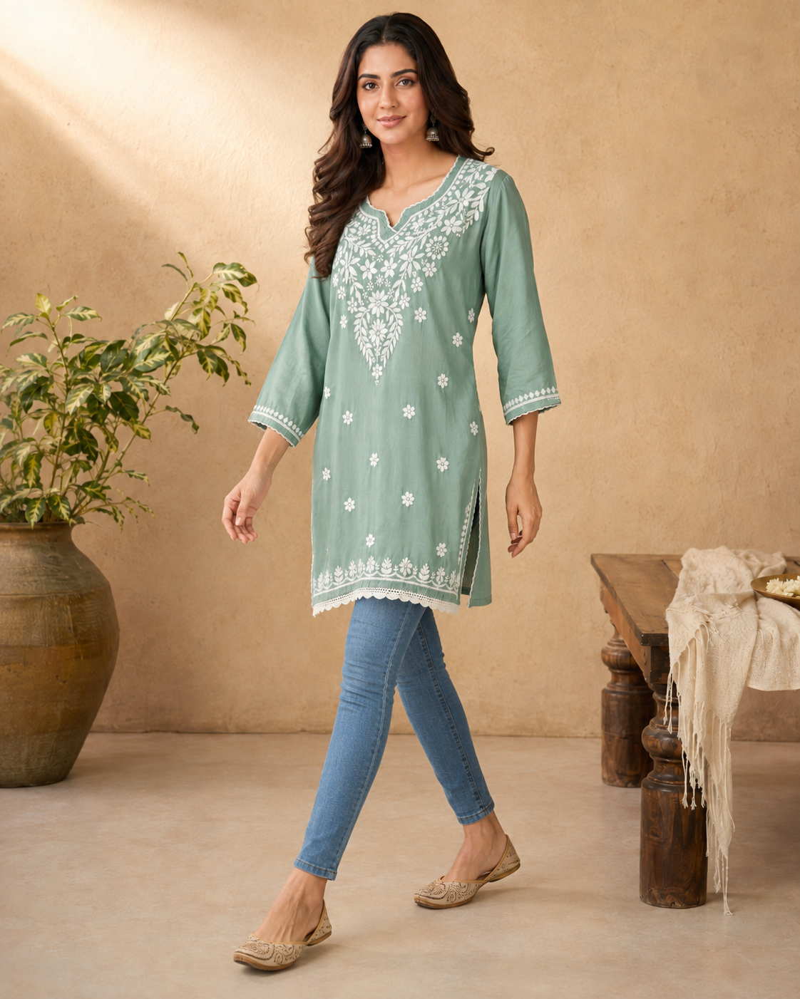 Premium Sage Green Modal Chikankari Short Kurti | Lucknow Best Chikankari