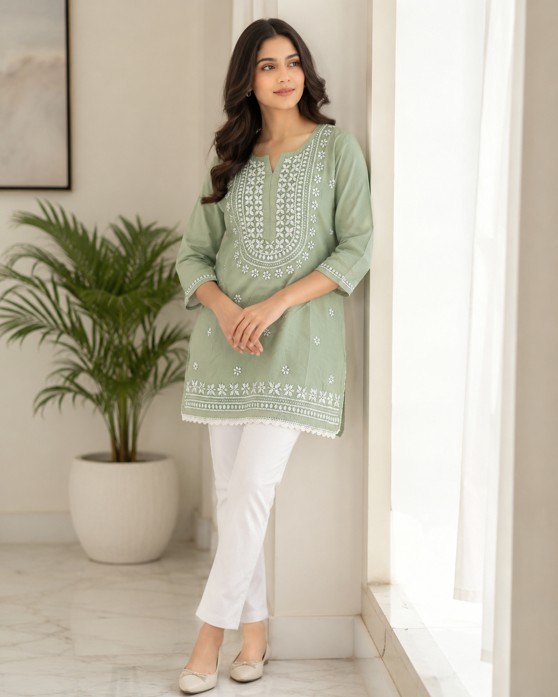 Premium Sage Green Rayon Chikankari Short Kurti for Women
