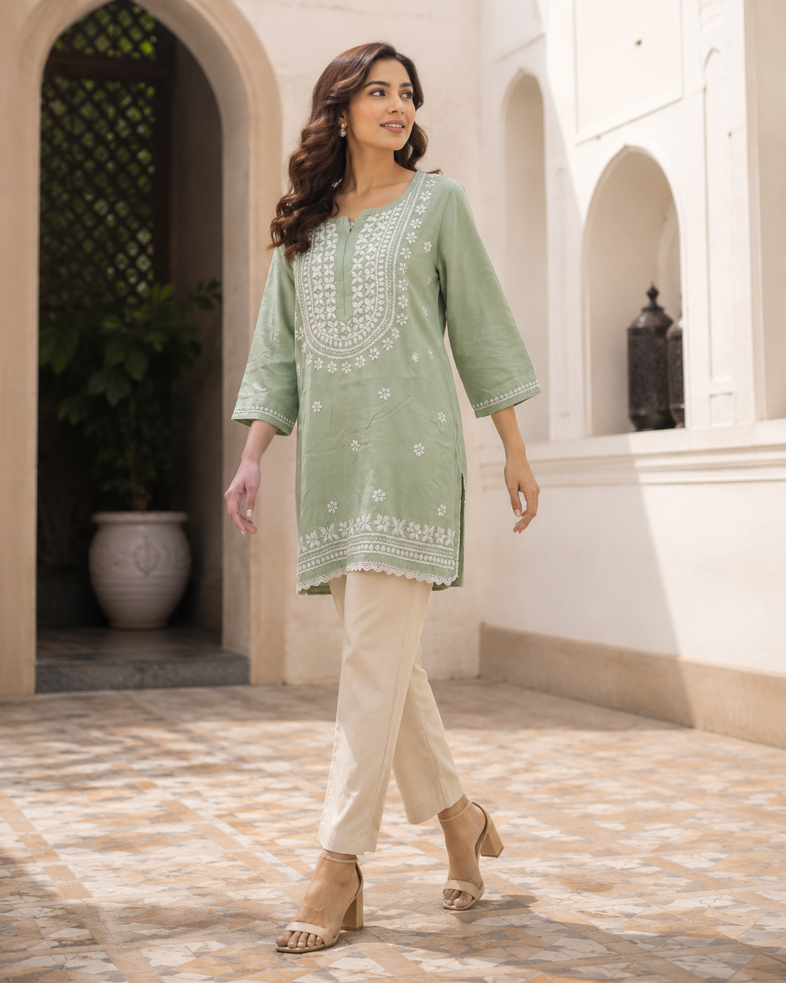 Premium Sage Green Rayon Chikankari Short Kurti for Women