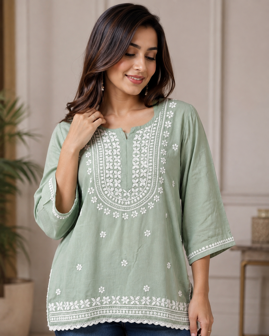 Premium Sage Green Rayon Chikankari Short Kurti for Women