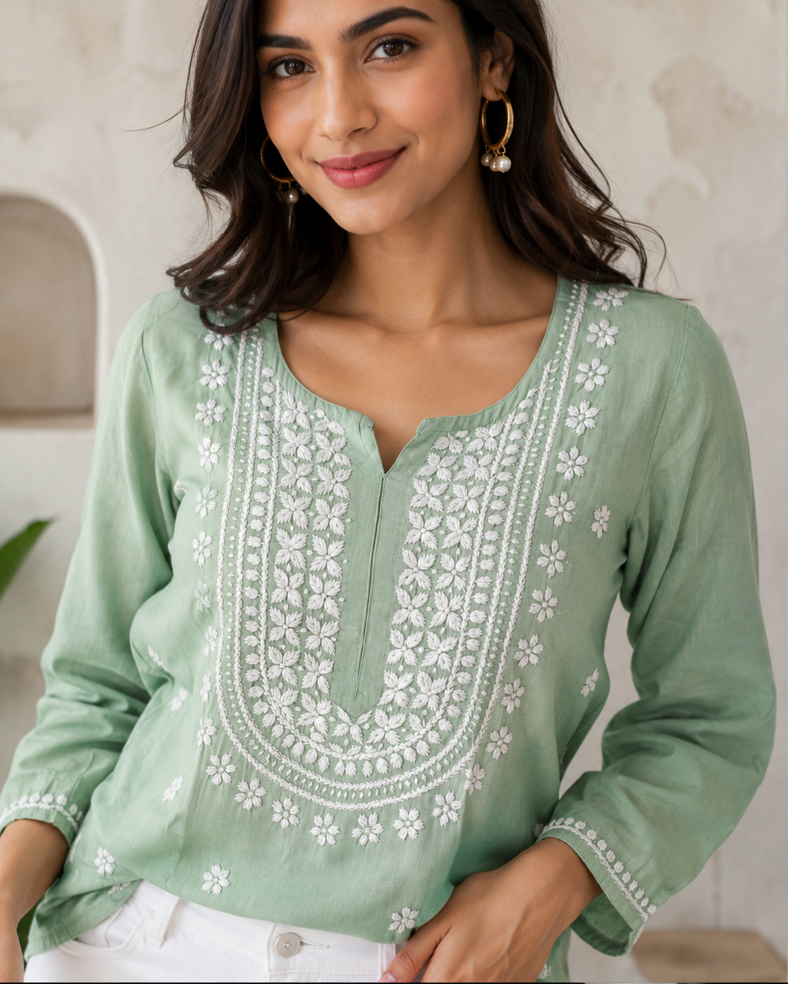 Premium Sage Green Rayon Chikankari Short Kurti for Women