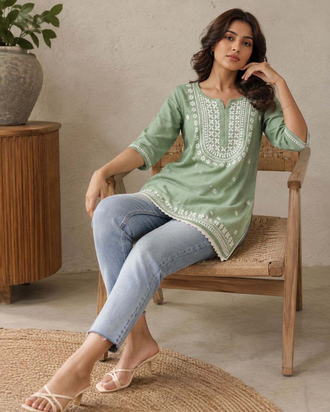 Premium Sage Green Rayon Chikankari Short Kurti for Women