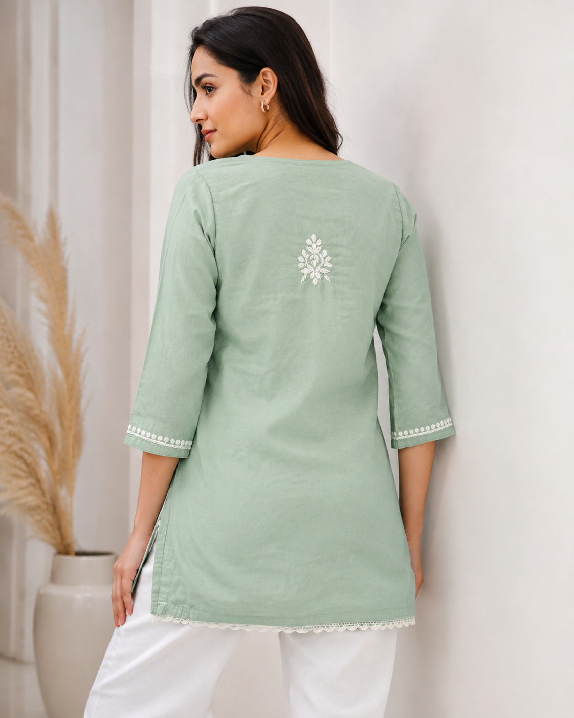 Premium Sage Green Rayon Chikankari Short Kurti for Women
