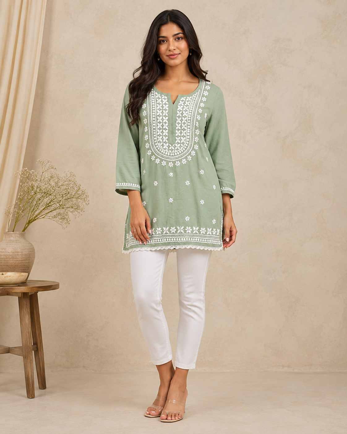 Premium Sage Green Rayon Chikankari Short Kurti for Women