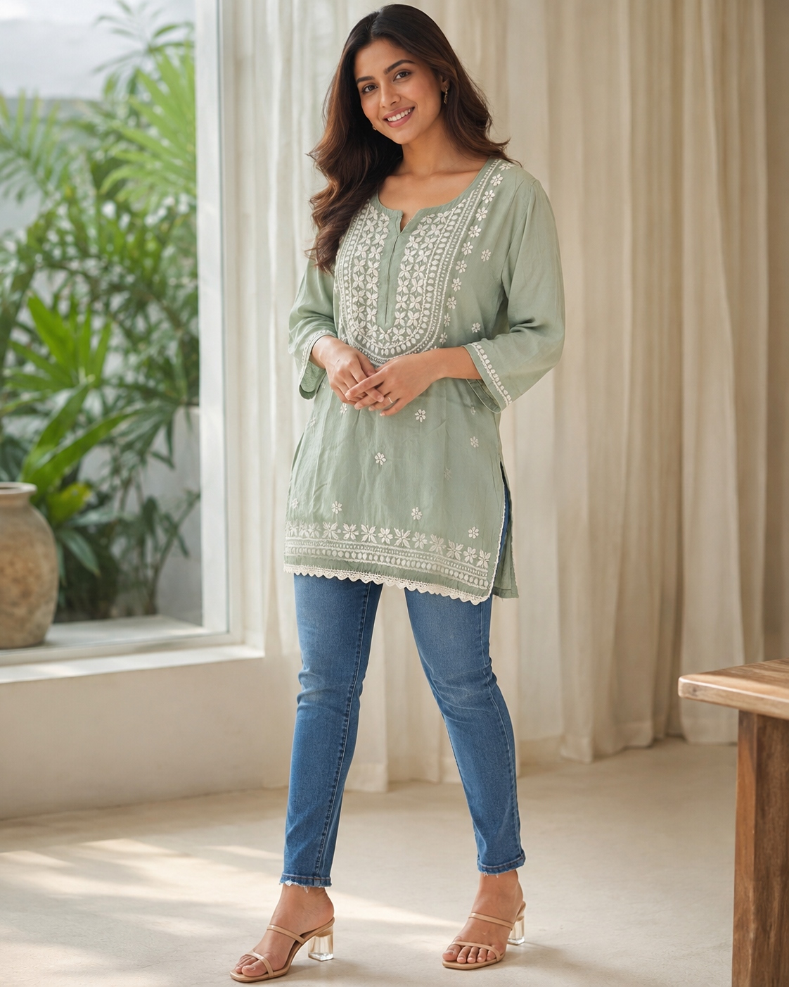 Premium Sage Green Rayon Chikankari Short Kurti for Women