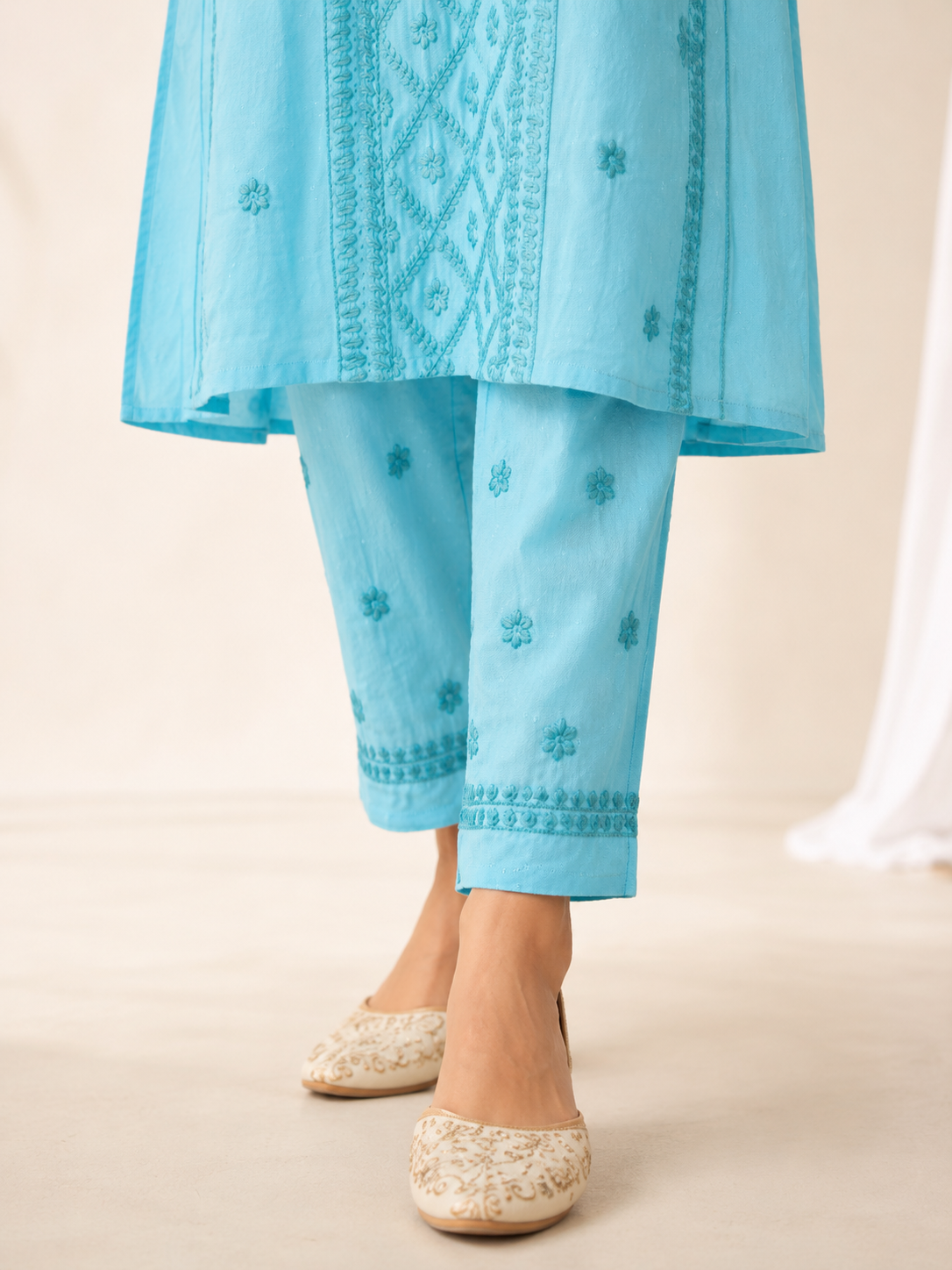 Premium Sky Blue Rayon 100% Hand Chikankari Kurta & Pant Suit Set