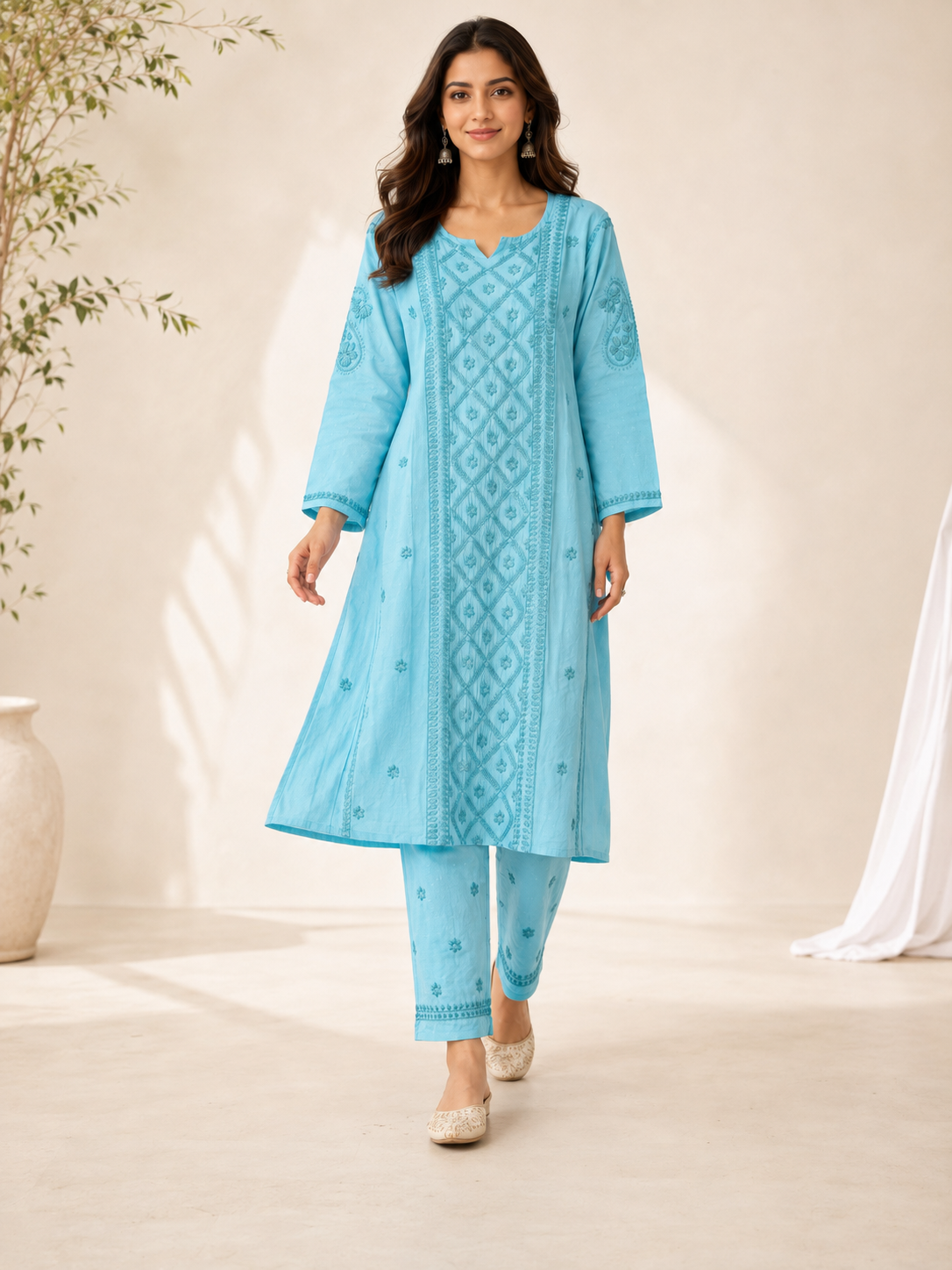 Premium Sky Blue Rayon 100% Hand Chikankari Kurta & Pant Suit Set