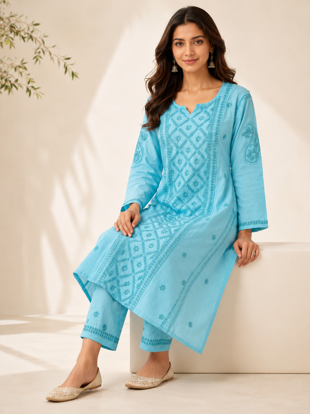 Premium Sky Blue Rayon 100% Hand Chikankari Kurta & Pant Suit Set