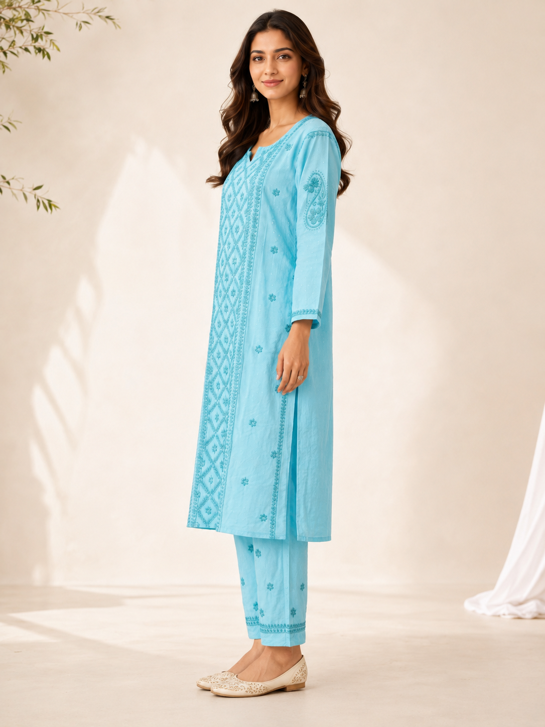 Premium Sky Blue Rayon 100% Hand Chikankari Kurta & Pant Suit Set