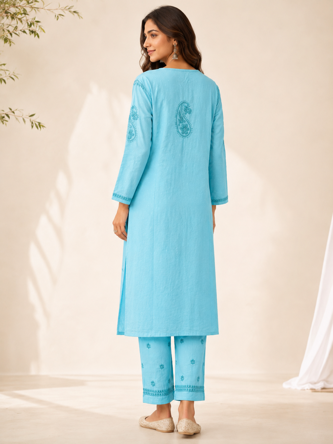 Premium Sky Blue Rayon 100% Hand Chikankari Kurta & Pant Suit Set