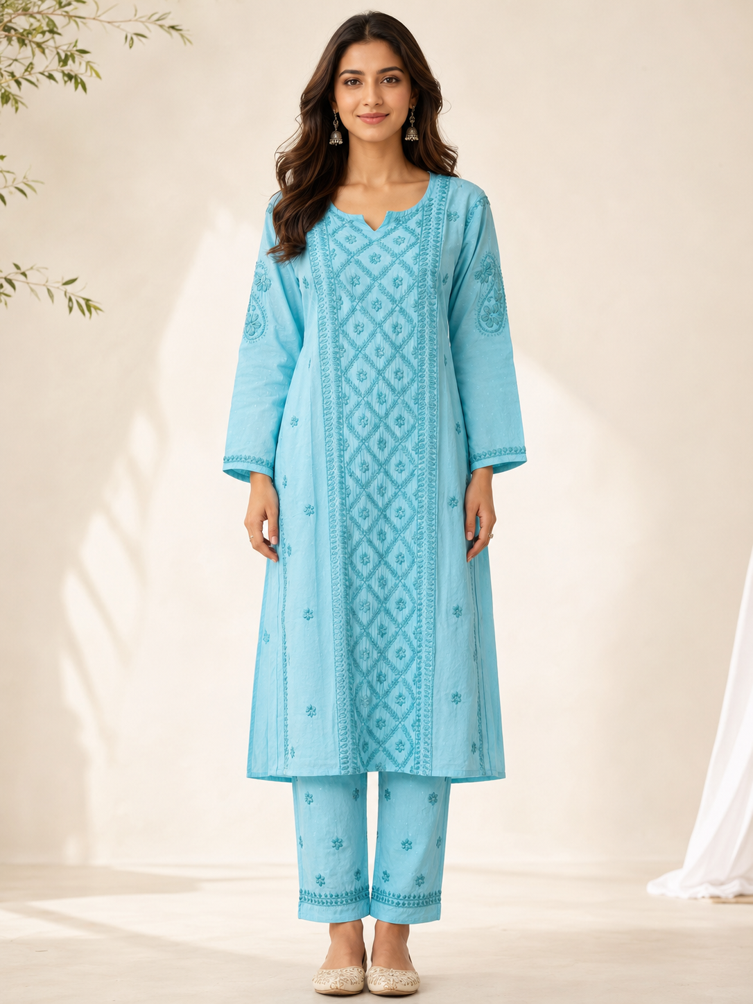Premium Sky Blue Rayon 100% Hand Chikankari Kurta & Pant Suit Set
