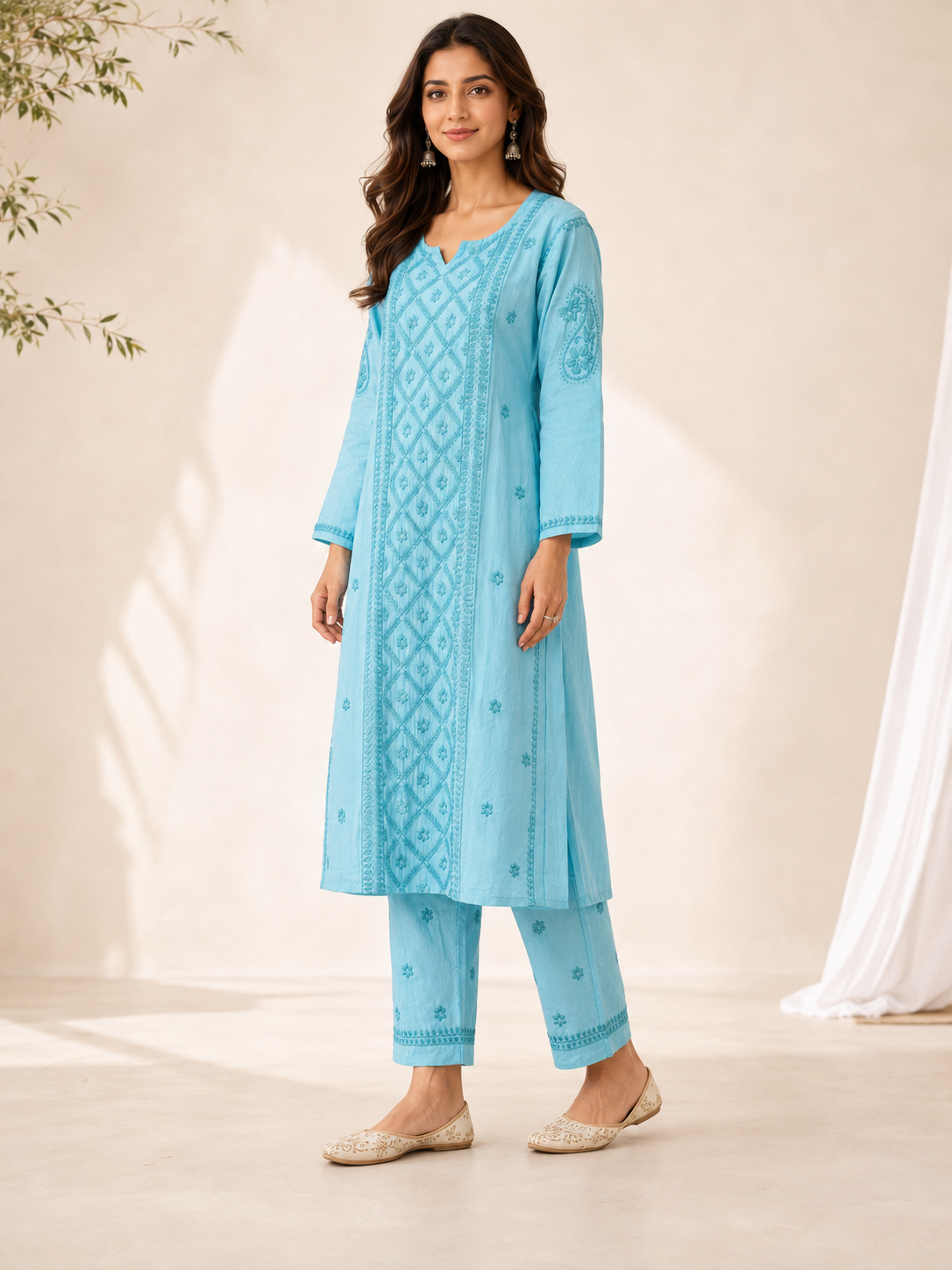 Premium Sky Blue Rayon 100% Hand Chikankari Kurta & Pant Suit Set