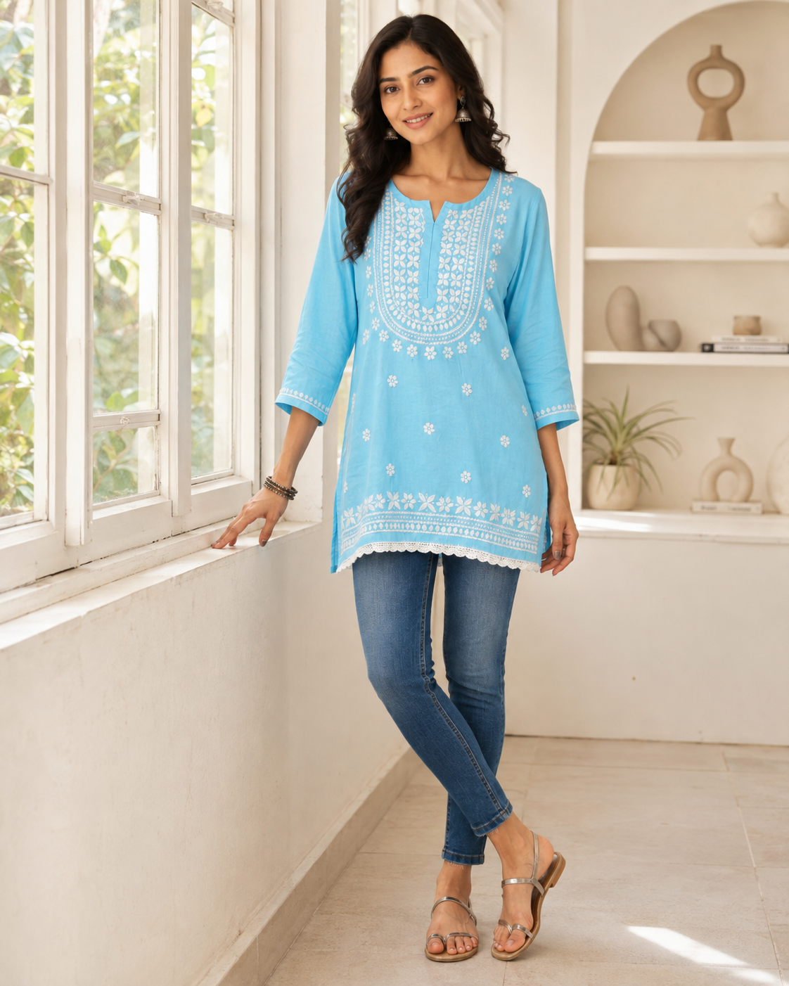 Premium Sky Blue Rayon Chikankari Short Kurti for Women