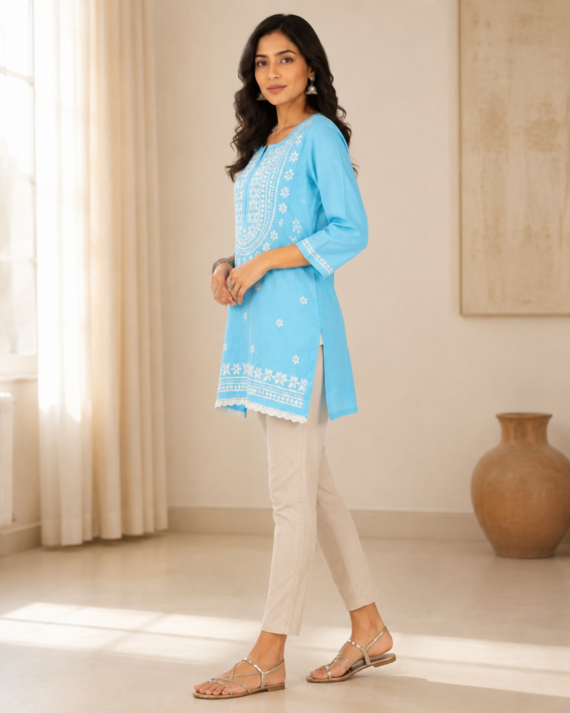 Premium Sky Blue Rayon Chikankari Short Kurti for Women