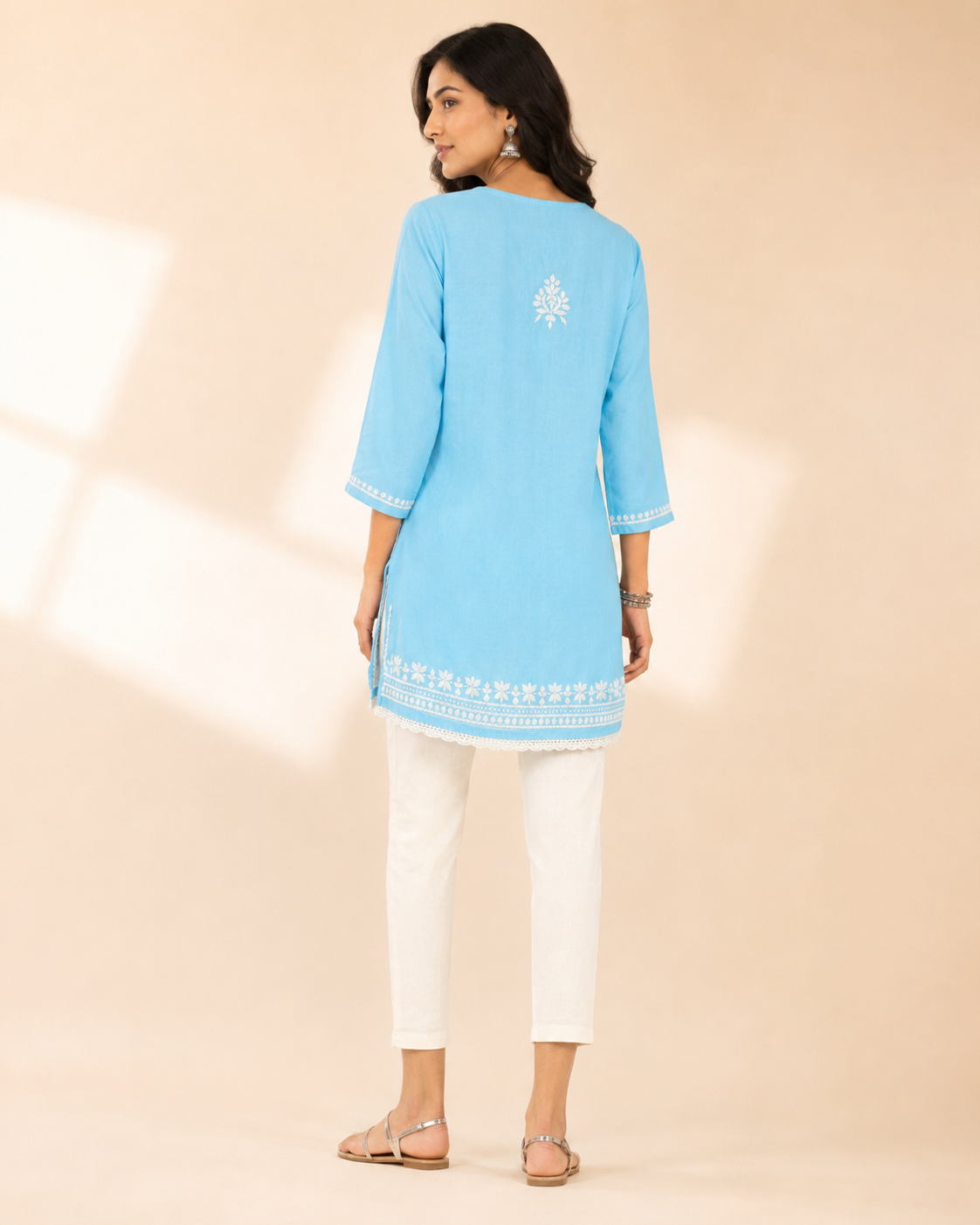 Premium Sky Blue Rayon Chikankari Short Kurti for Women