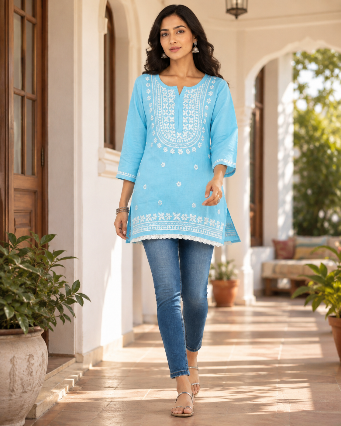 Premium Sky Blue Rayon Chikankari Short Kurti for Women