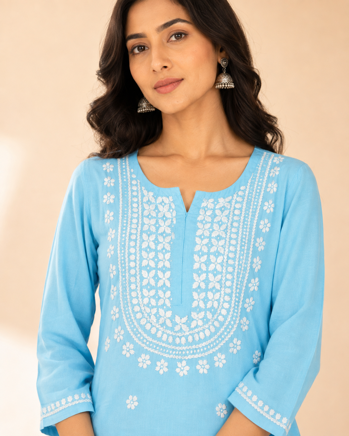 Premium Sky Blue Rayon Chikankari Short Kurti for Women