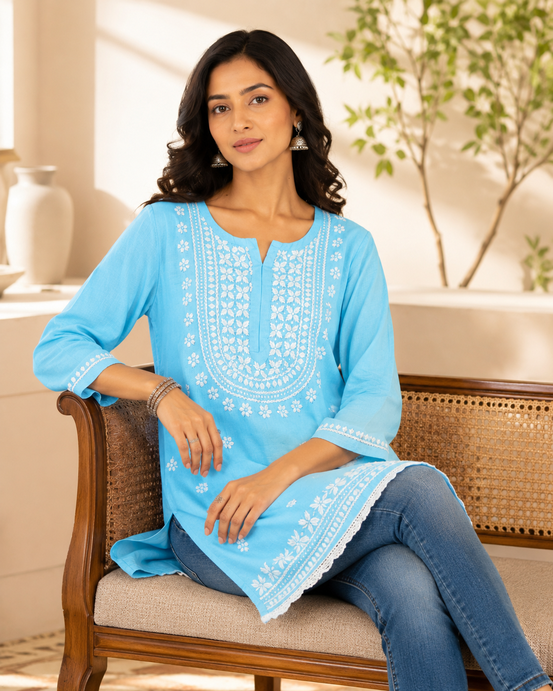 Premium Sky Blue Rayon Chikankari Short Kurti for Women