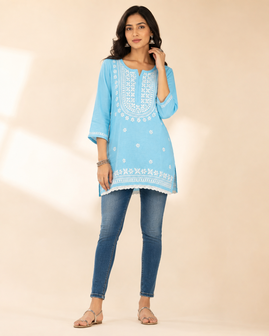 Premium Sky Blue Rayon Chikankari Short Kurti for Women