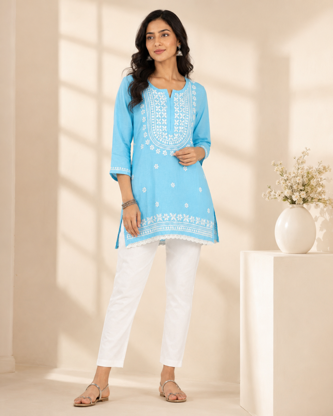 Premium Sky Blue Rayon Chikankari Short Kurti for Women