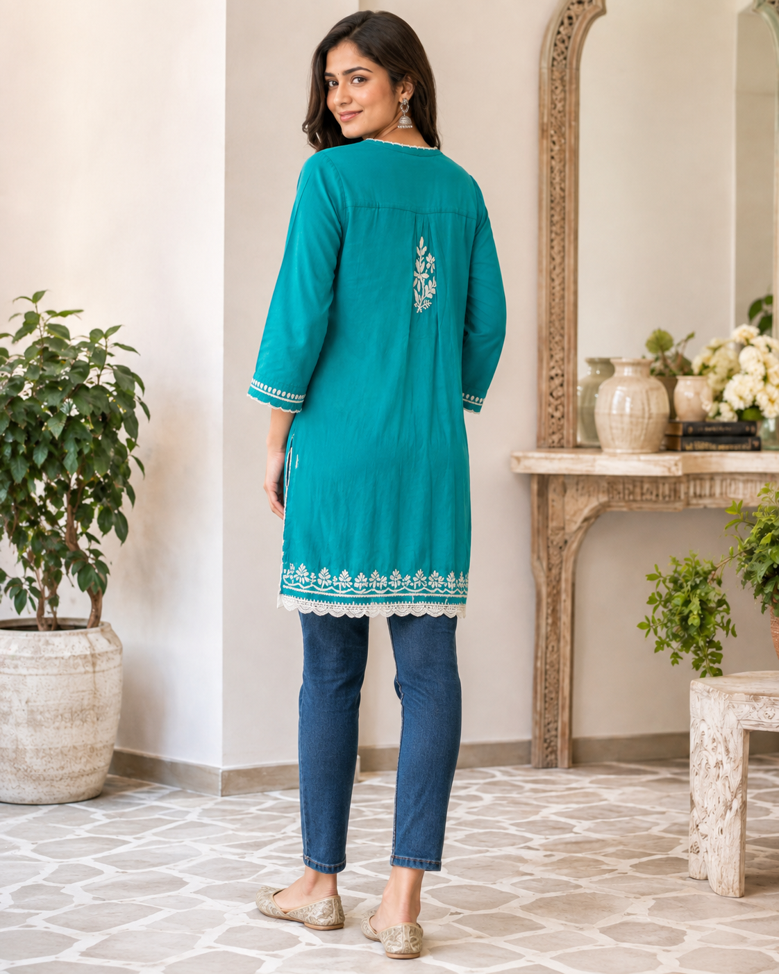 Premium Turquoise Modal Chikankari Short Kurti for Women