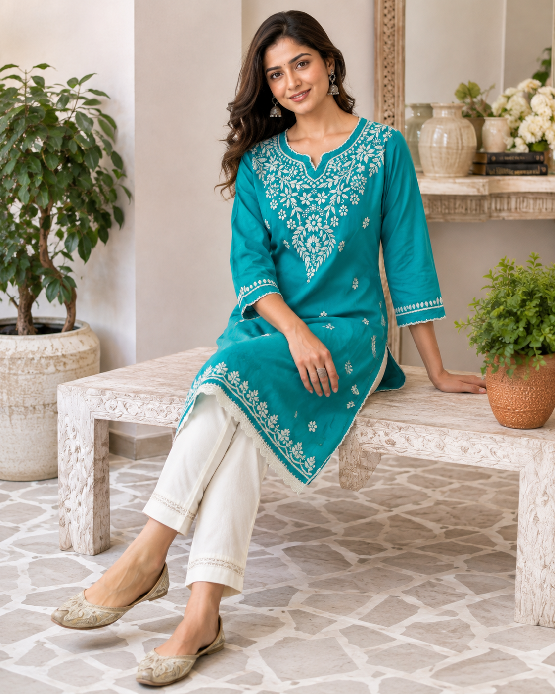 Premium Turquoise Modal Chikankari Short Kurti for Women
