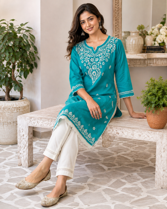 Premium Turquoise Modal Chikankari Short Kurti for Women
