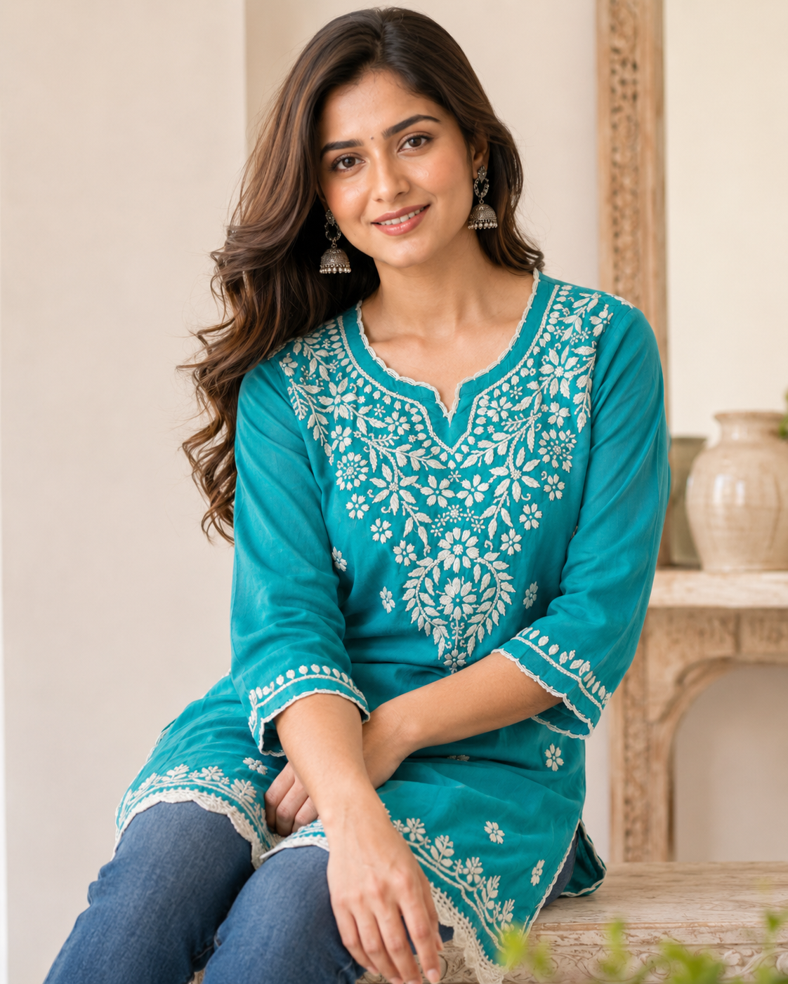 Premium Turquoise Modal Chikankari Short Kurti for Women