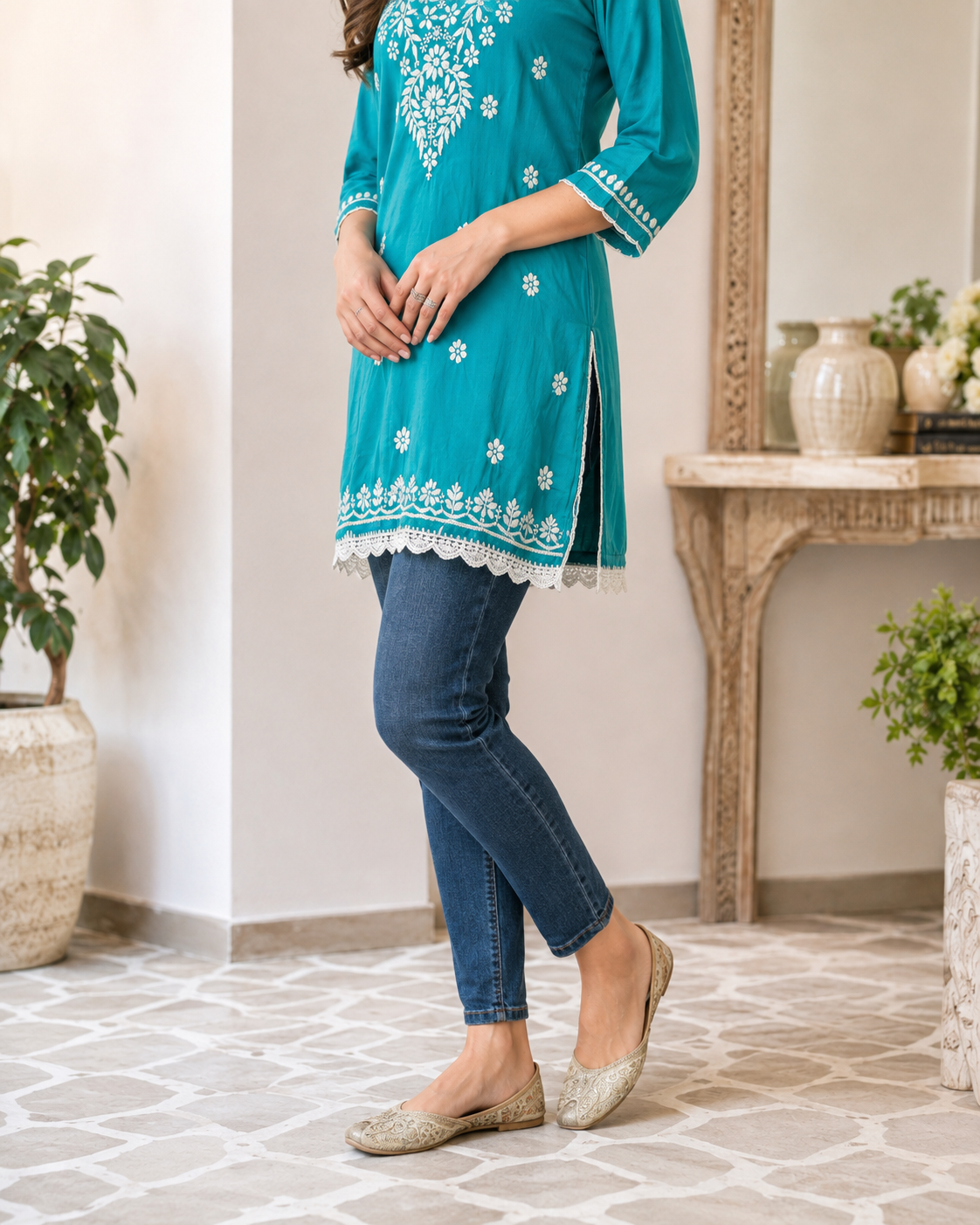 Premium Turquoise Modal Chikankari Short Kurti for Women