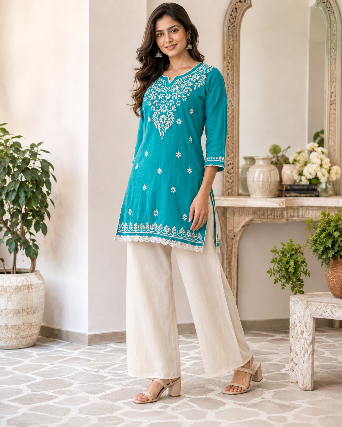 Premium Turquoise Modal Chikankari Short Kurti for Women
