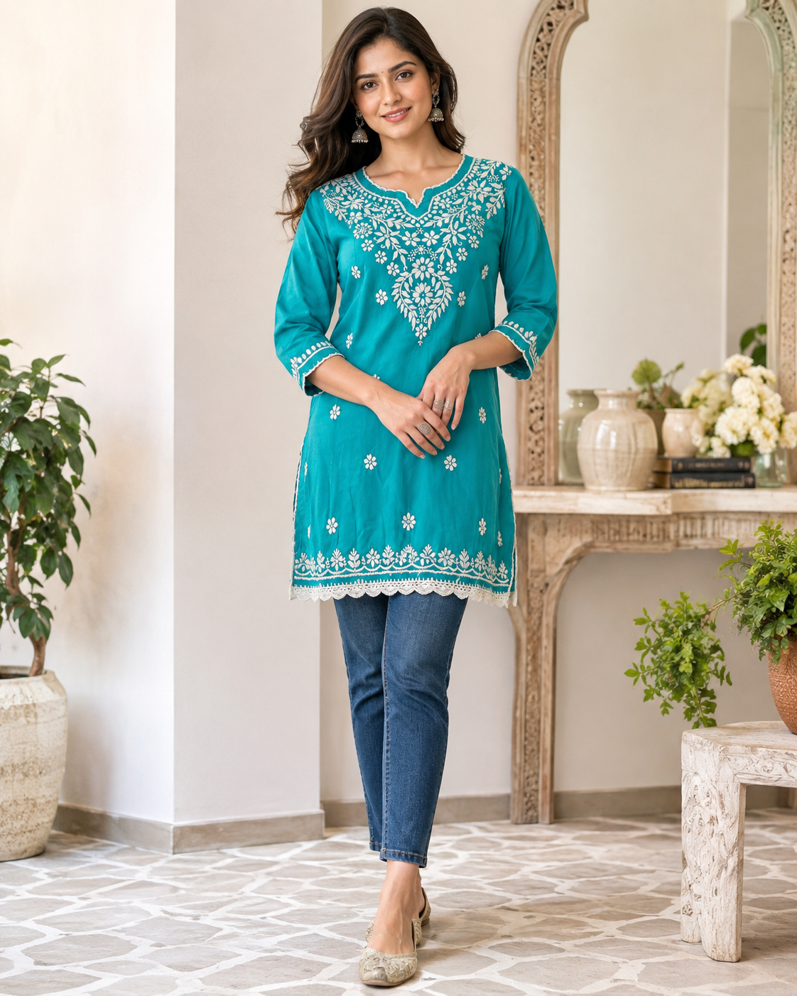 Premium Turquoise Modal Chikankari Short Kurti for Women