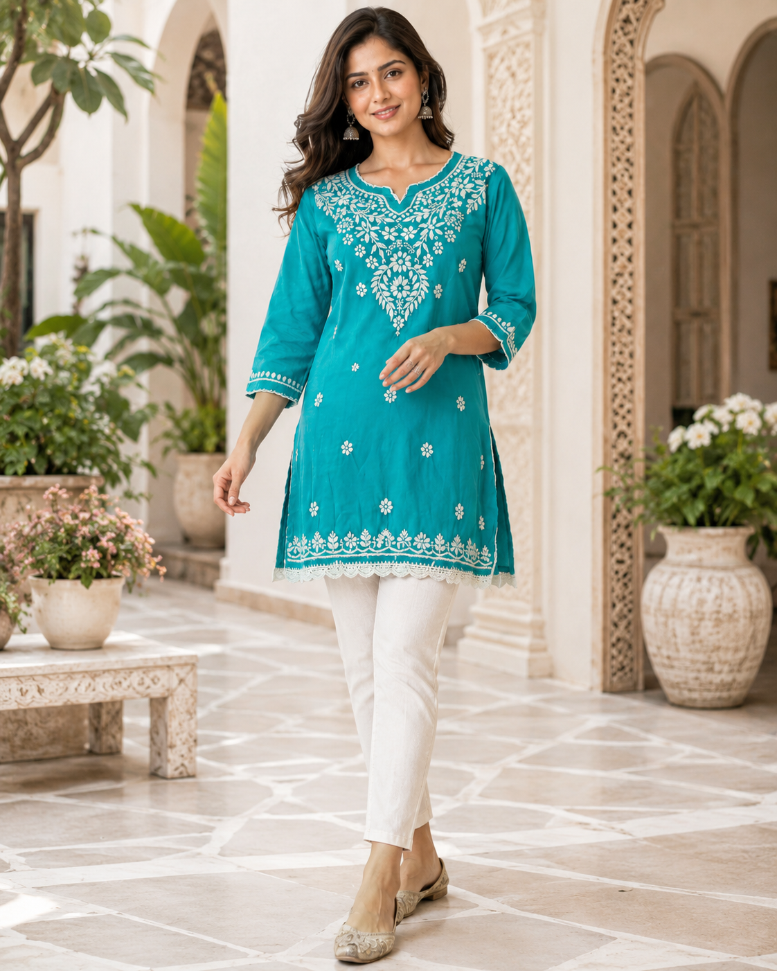 Premium Turquoise Modal Chikankari Short Kurti for Women