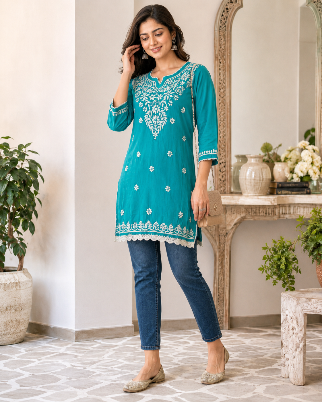 Premium Turquoise Modal Chikankari Short Kurti for Women