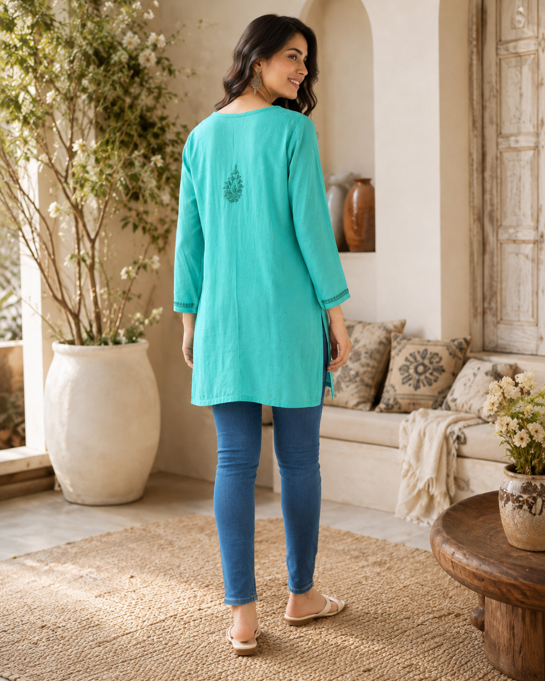 Premium Turquoise Rayon Chikankari Short Kurti for Women