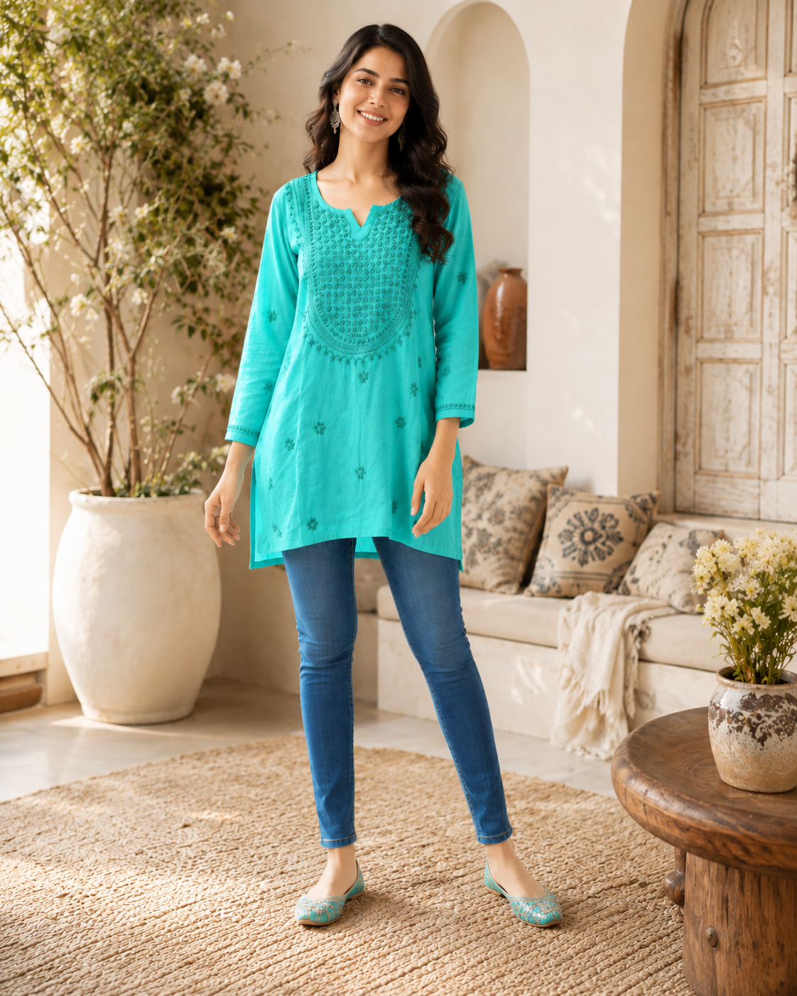 Premium Turquoise Rayon Chikankari Short Kurti for Women