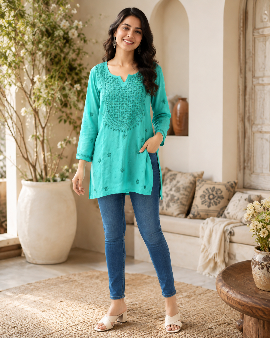 Premium Turquoise Rayon Chikankari Short Kurti for Women