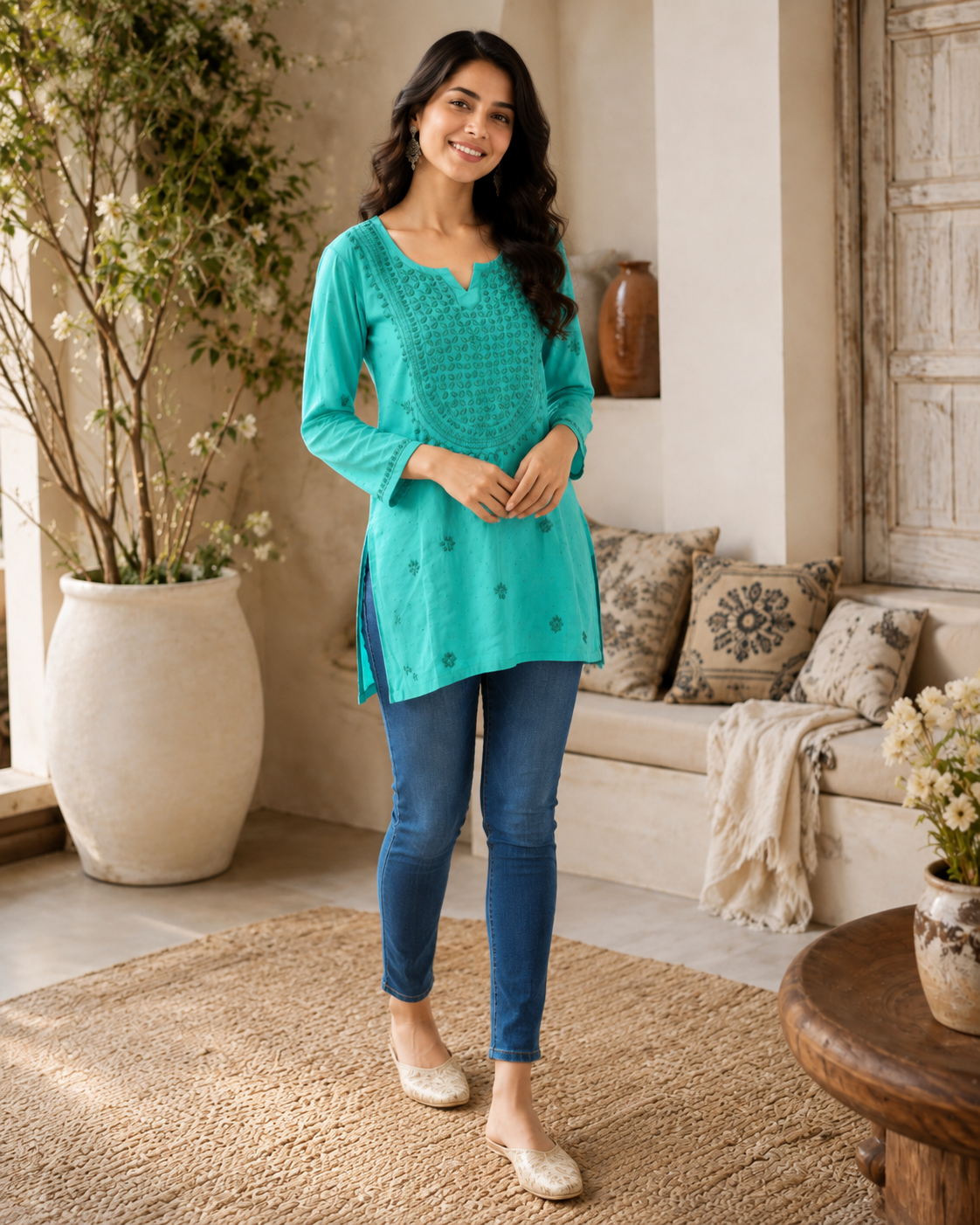 Premium Turquoise Rayon Chikankari Short Kurti for Women