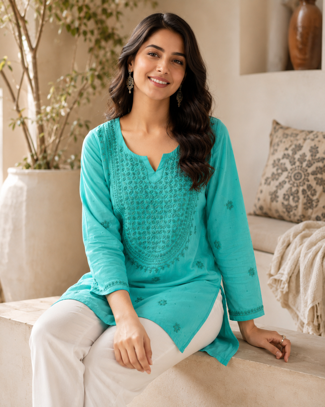 Premium Turquoise Rayon Chikankari Short Kurti for Women