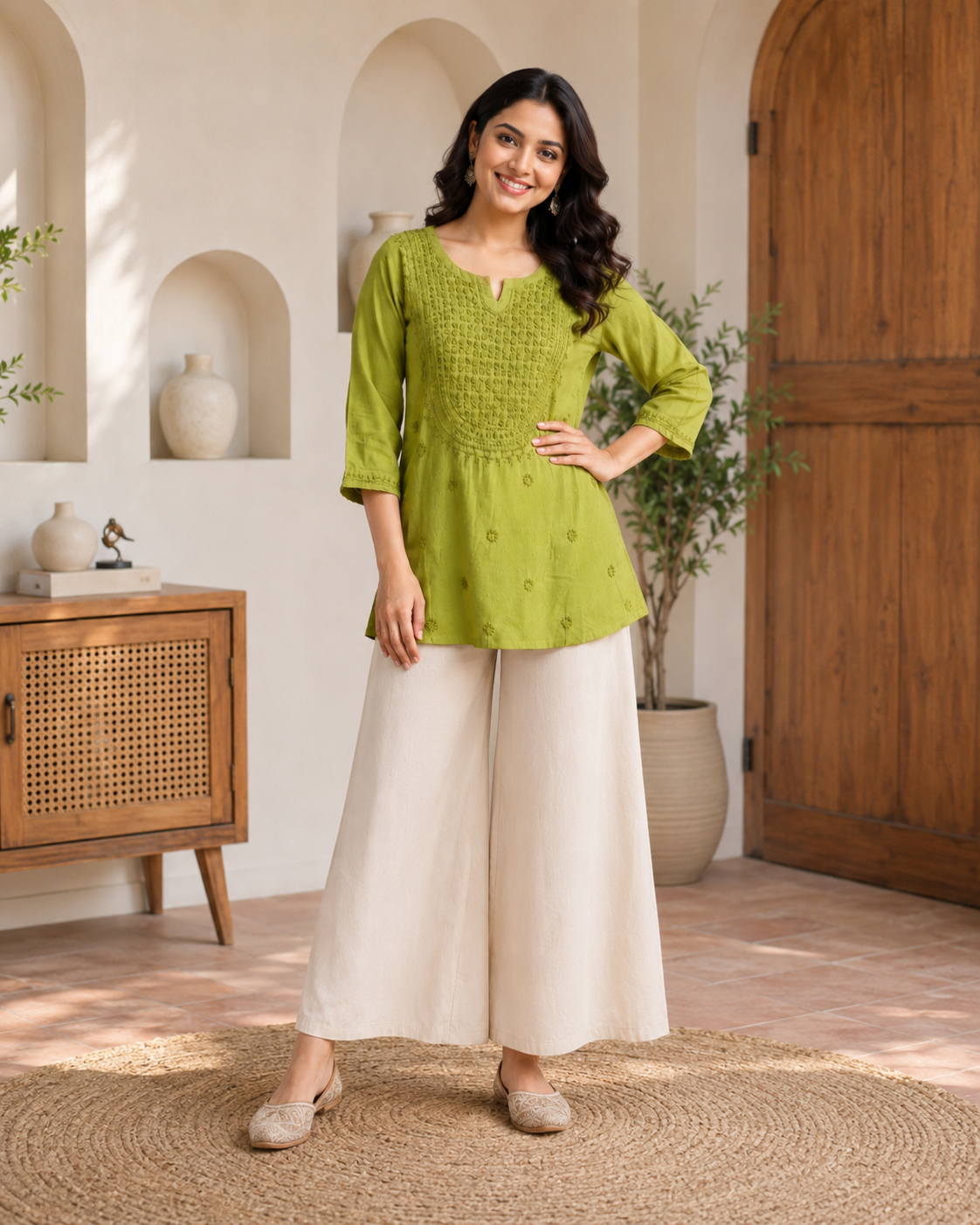 Premium Vibrant Olive Green Rayon Chikankari Short Kurti