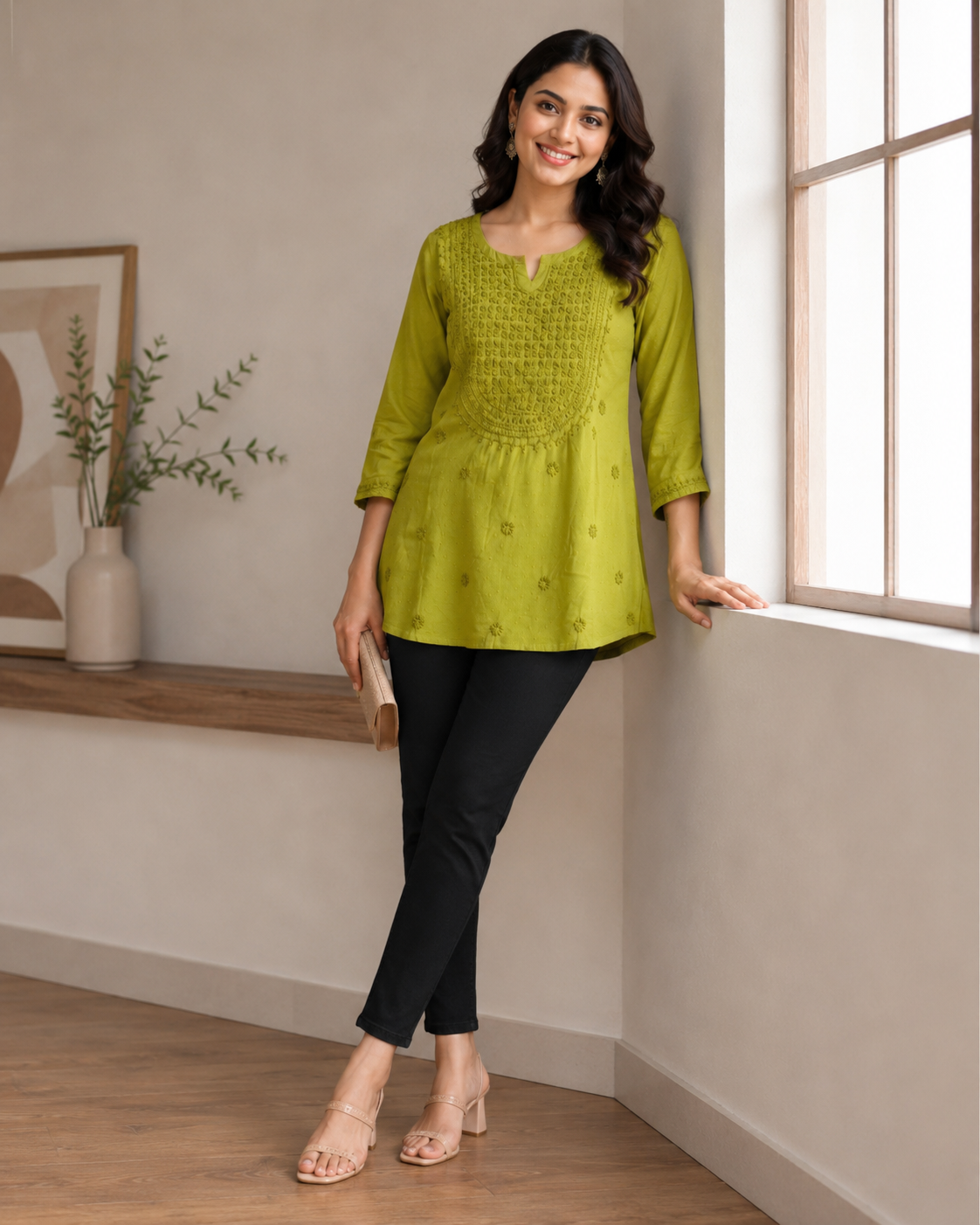 Premium Vibrant Olive Green Rayon Chikankari Short Kurti
