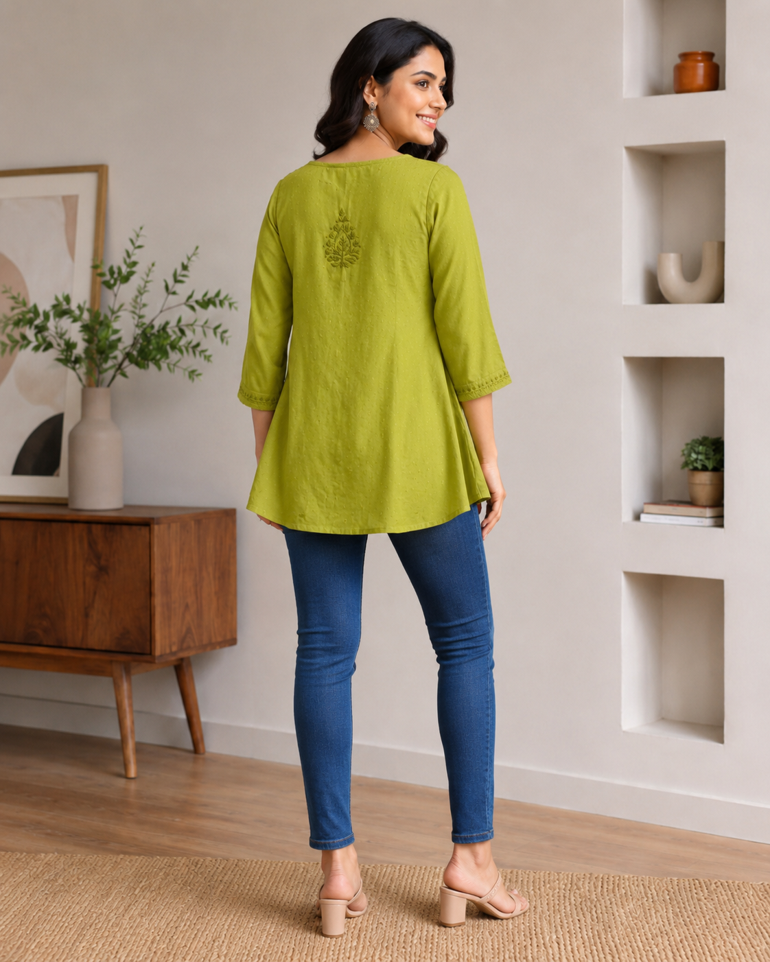Premium Vibrant Olive Green Rayon Chikankari Short Kurti