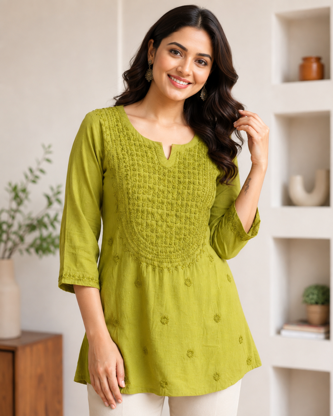 Premium Vibrant Olive Green Rayon Chikankari Short Kurti