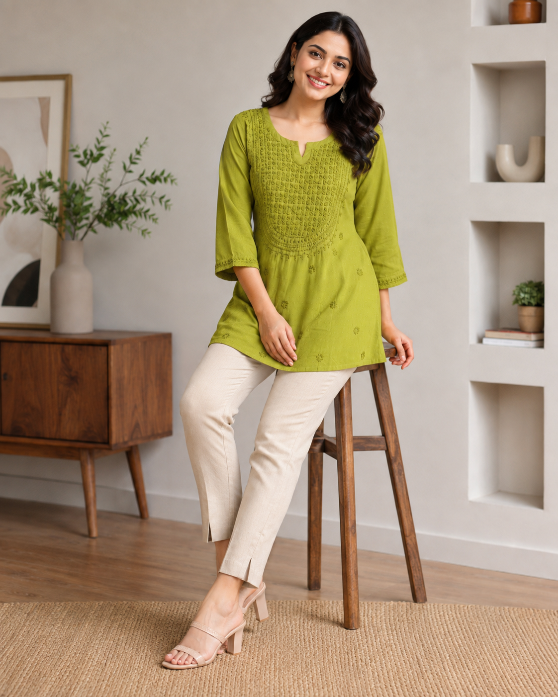 Premium Vibrant Olive Green Rayon Chikankari Short Kurti