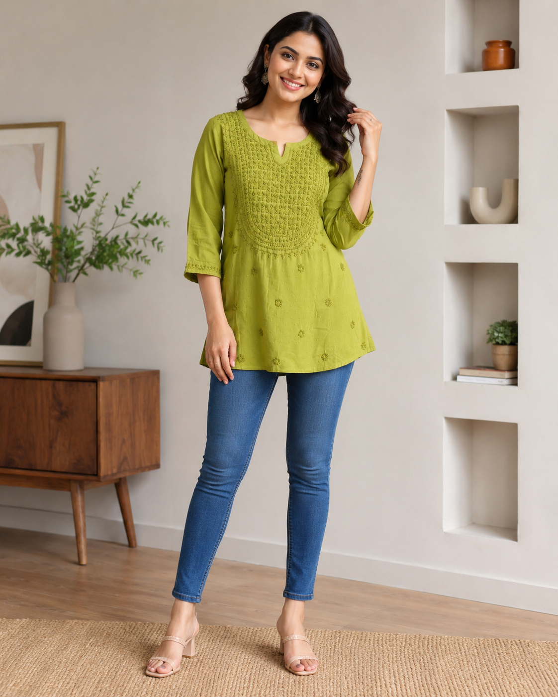 Premium Vibrant Olive Green Rayon Chikankari Short Kurti