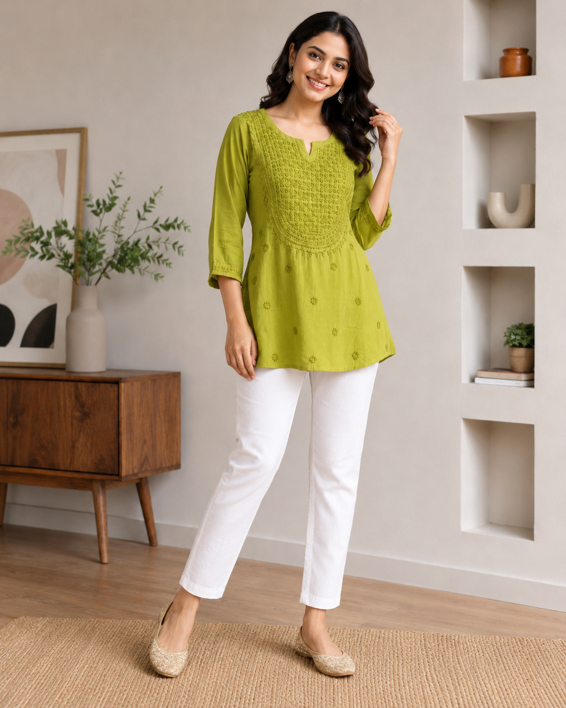 Premium Vibrant Olive Green Rayon Chikankari Short Kurti