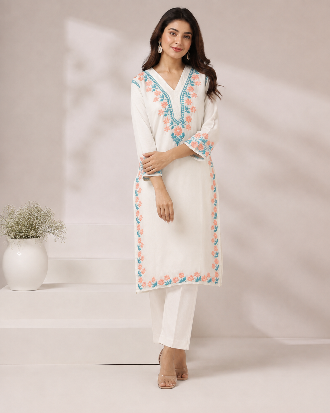 Premium White Floral Embroidered Straight Kurta for Women