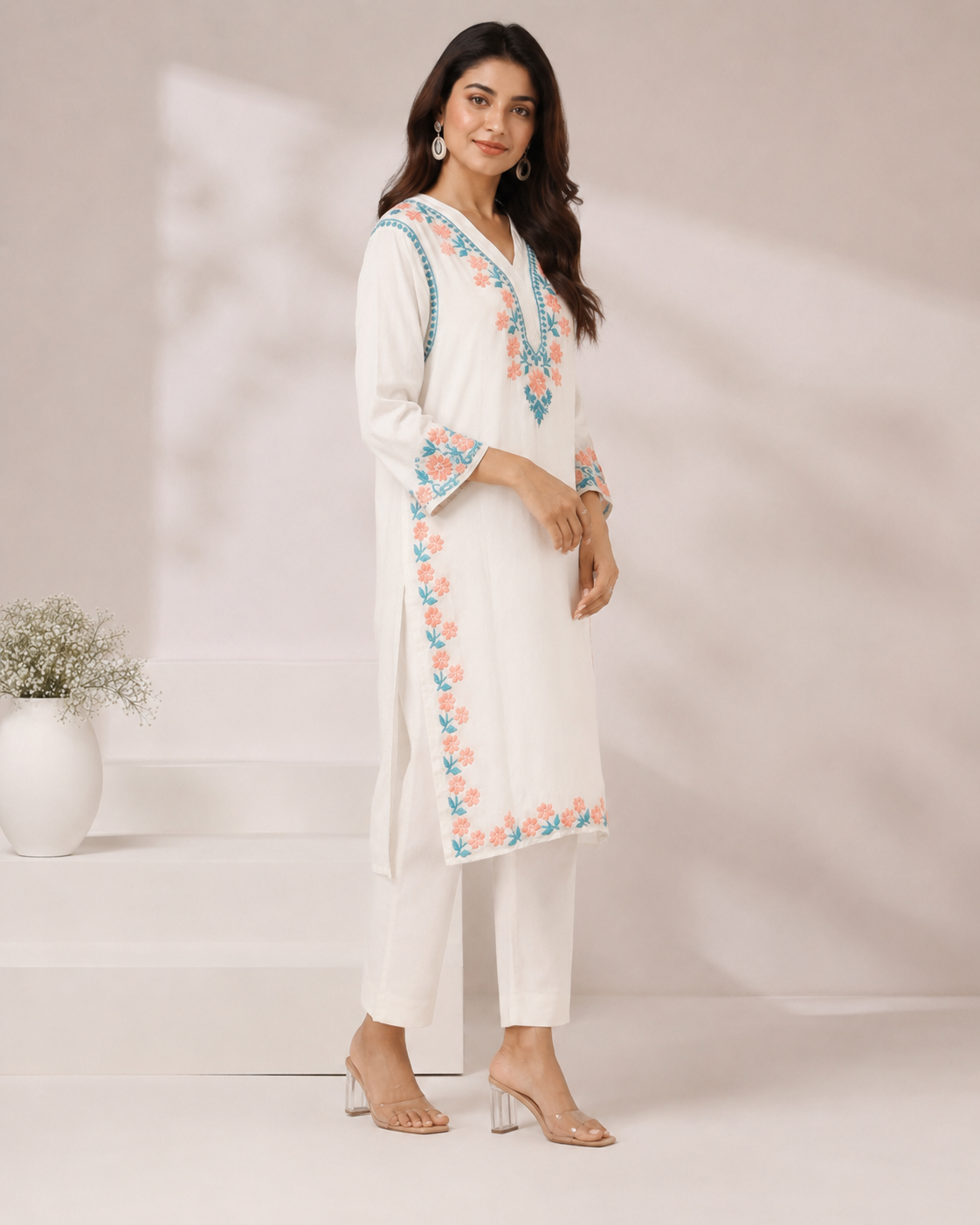Premium White Floral Embroidered Straight Kurta for Women