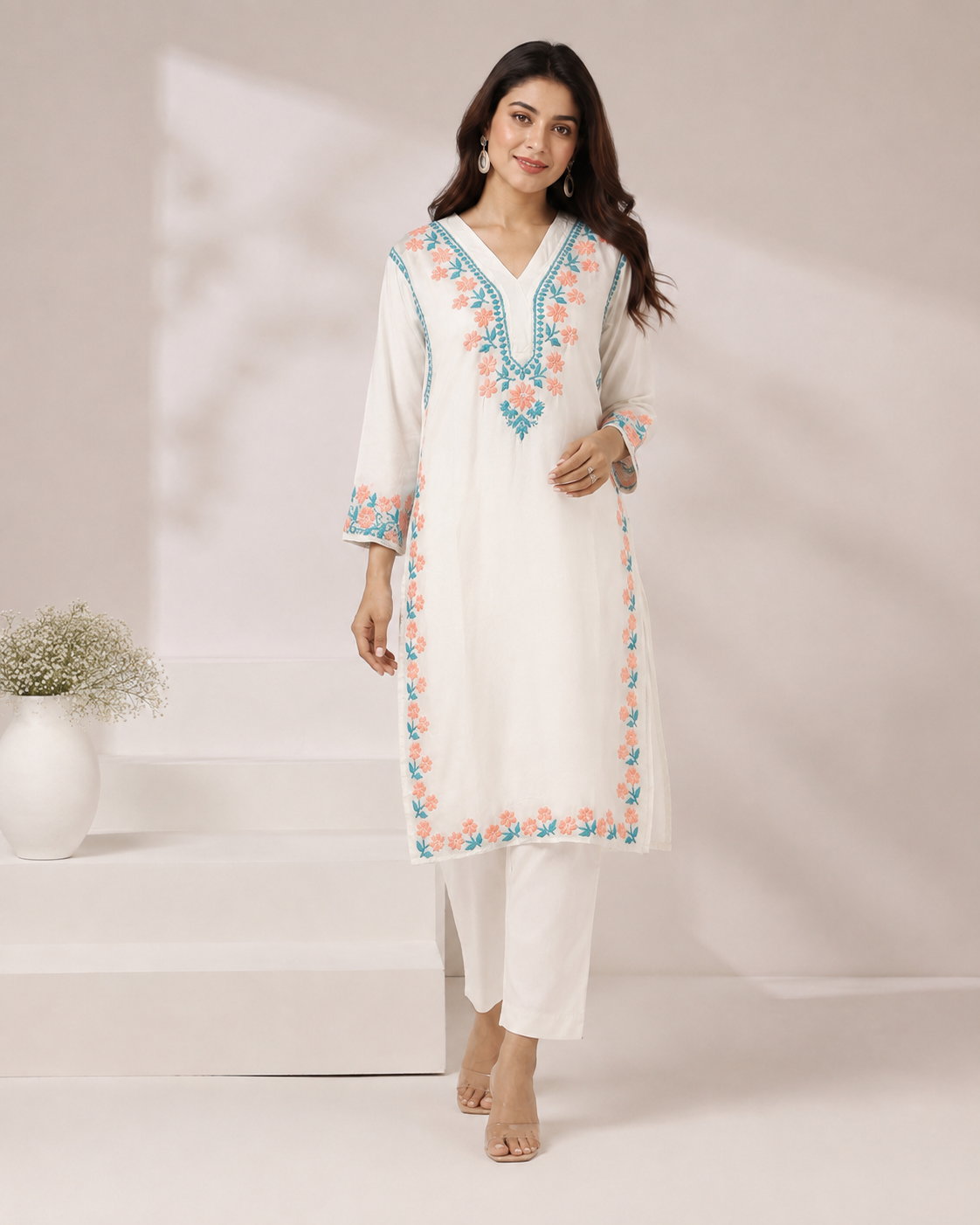 Premium White Floral Embroidered Straight Kurta for Women