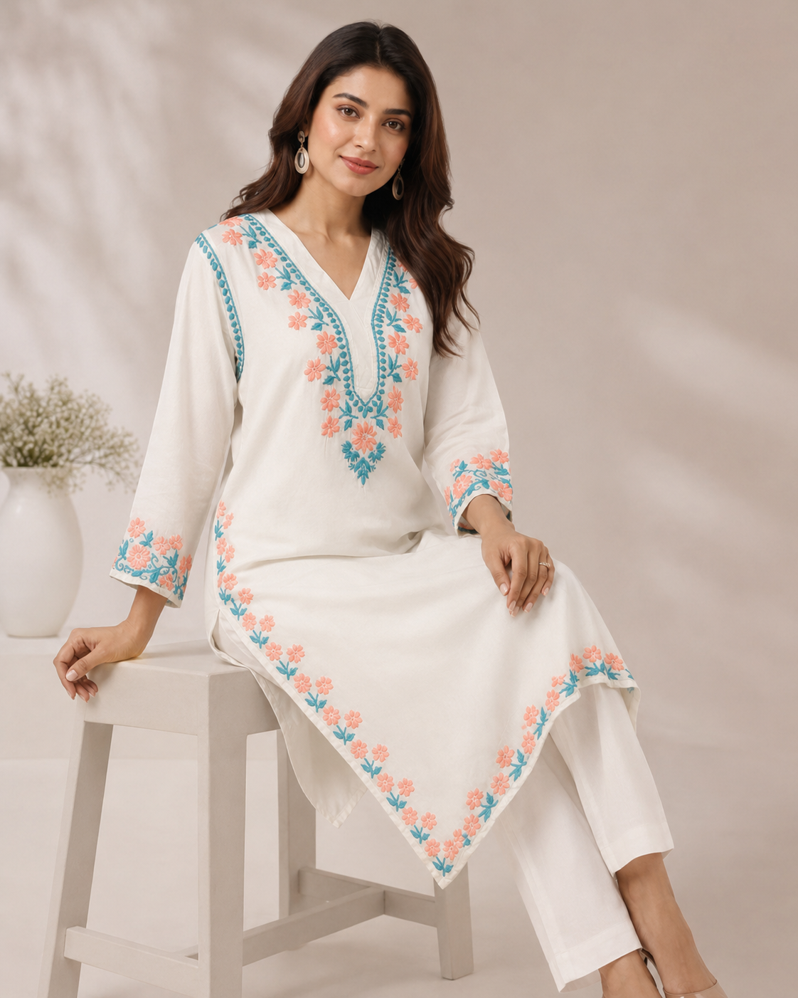 Premium White Floral Embroidered Straight Kurta for Women